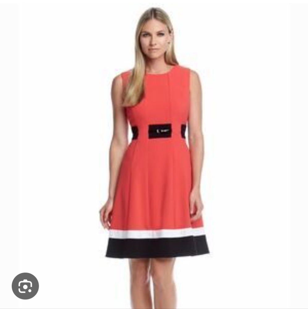 Calvin Klein Coral Mini Dress with Black and White Trim